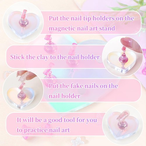 Nail Stand for Press ons,2 Set Heart Nail Holder for Painting Nails Aurora Nails Display Practice Art Magnetic Nail Display Stand with 200 Pcs Adhesive Tabs Nail Art for Display Home Salon