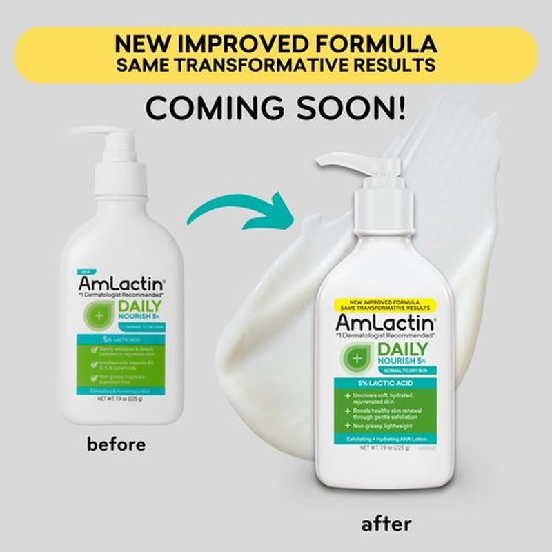 AmLactin Daily Nourish - Therapeutic Face and Body Lotion for Dry Skin - No-Scrub Exfoliator and Moisturizer with 5% Lactic Acid AHA, Safe for Sensitive Skin, 7.9 oz (Packaging May Vary)