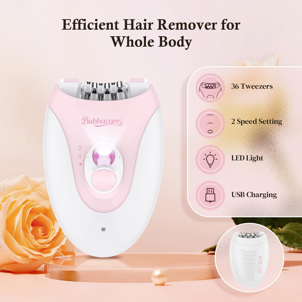 Epilator, Epilators Hair Removal for Women - 2-Speed Epilator with 36 Tweezers & Massage Pad, Rechargeable LED Hair Removal Device for Face/Bikini/Arms/Legs/