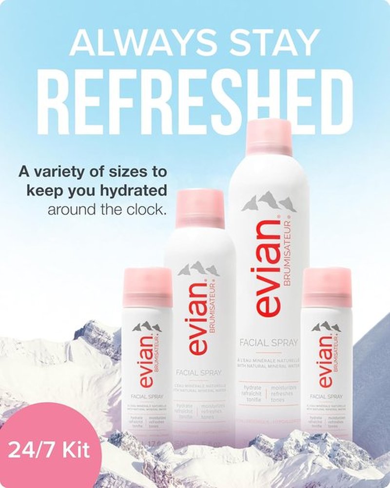 Evian Facial Spray 24/7 Kit - Hydrating Mineral Water Mist for Face & Skin - Refreshes Makeup & Tones - Travel-Friendly Sizes