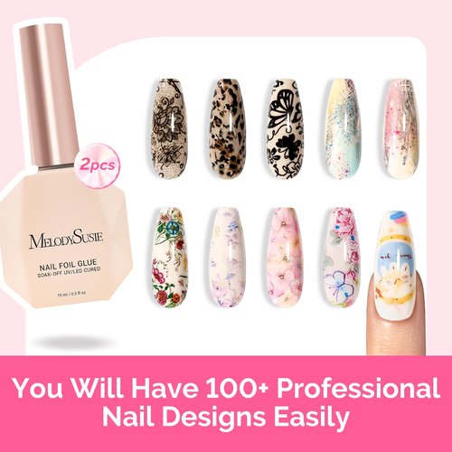 MelodySusie 2PCS Nail Foil Glue Gel and 2PCS Stamping Plates, 15ML Soak Off LED/LUV Foil Transfer Adhesive for Nail Art, Professional Strong Sticky Base for Nail Foils & Stickers
