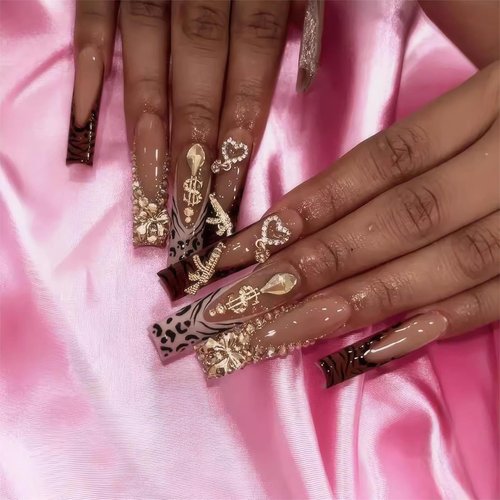 RTKHFZE Xl Press on Nails Long Square Fake Nails French Tip Glue on Nail with Designs Nails Charm and Rhinestones False Acrylic Nails Full Cover Stick on Nail for Women Nail Decorations