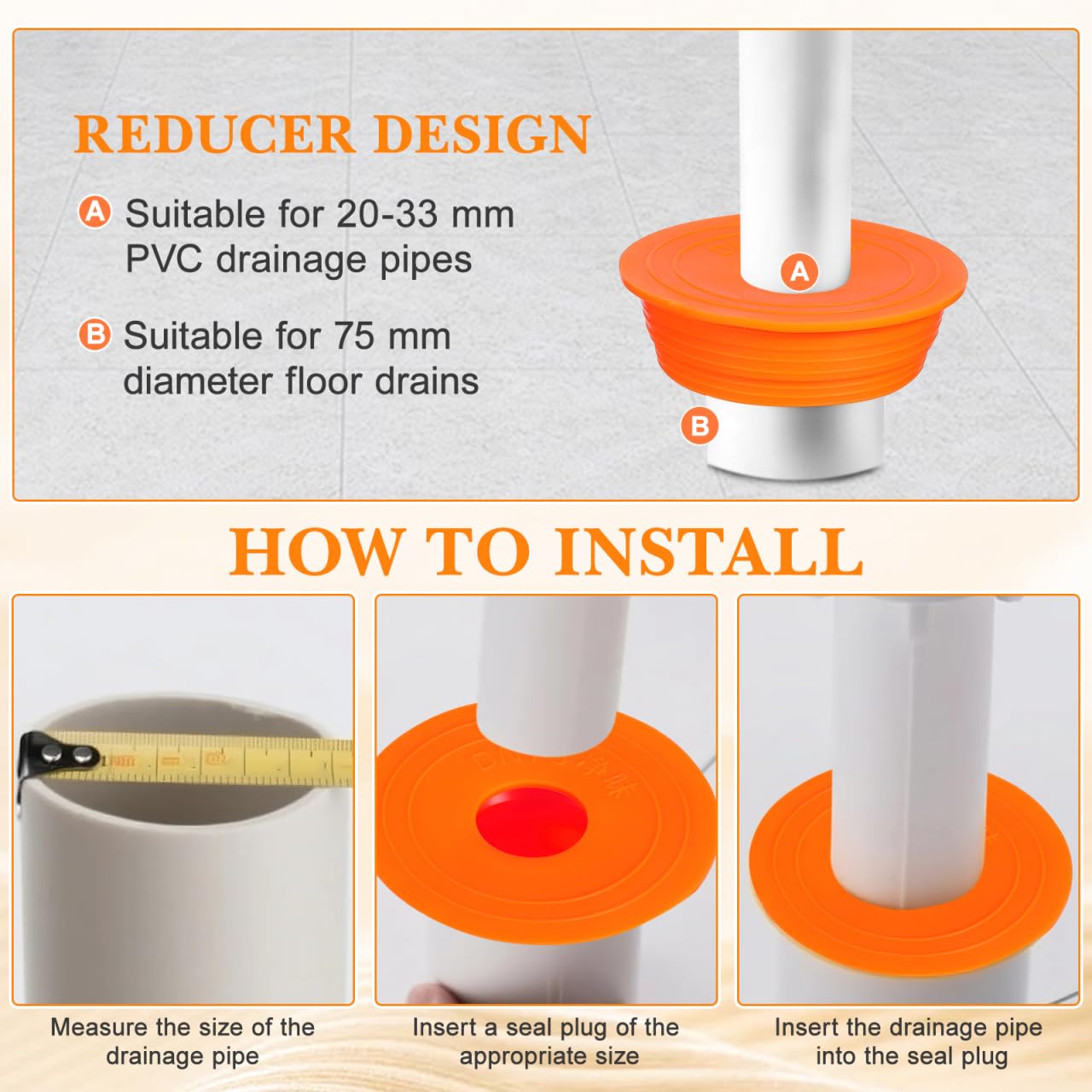 Uonlytech Drain Backflow Preventer Silicone Odor Proof Drainage Trap Sewer Pipe Sealer for Home Washing Machine Bathroom Insert Drain Plug (Orange)