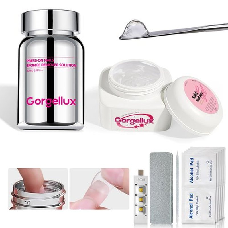 Gorgellux 20g Solid Nail Glue Gel with 60 ML Nail Glue Remover for Press On Nails Kit, MINI UV lamp, Nails Tools, Long-Lasting Strong Adhesion, for Nail Art DIY