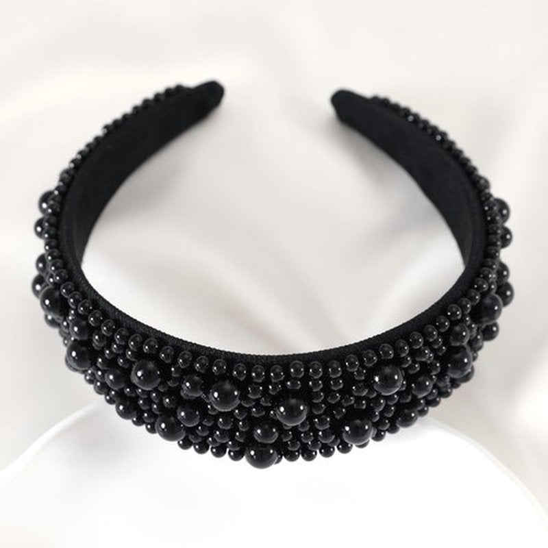 Gmmidea Wide Pearl Headbands for Women Little Girls Beaded Padded Headband Fashion Elegant Bridal Headband Holiday Decorative Hairband Cute Hair Accessories C-Black