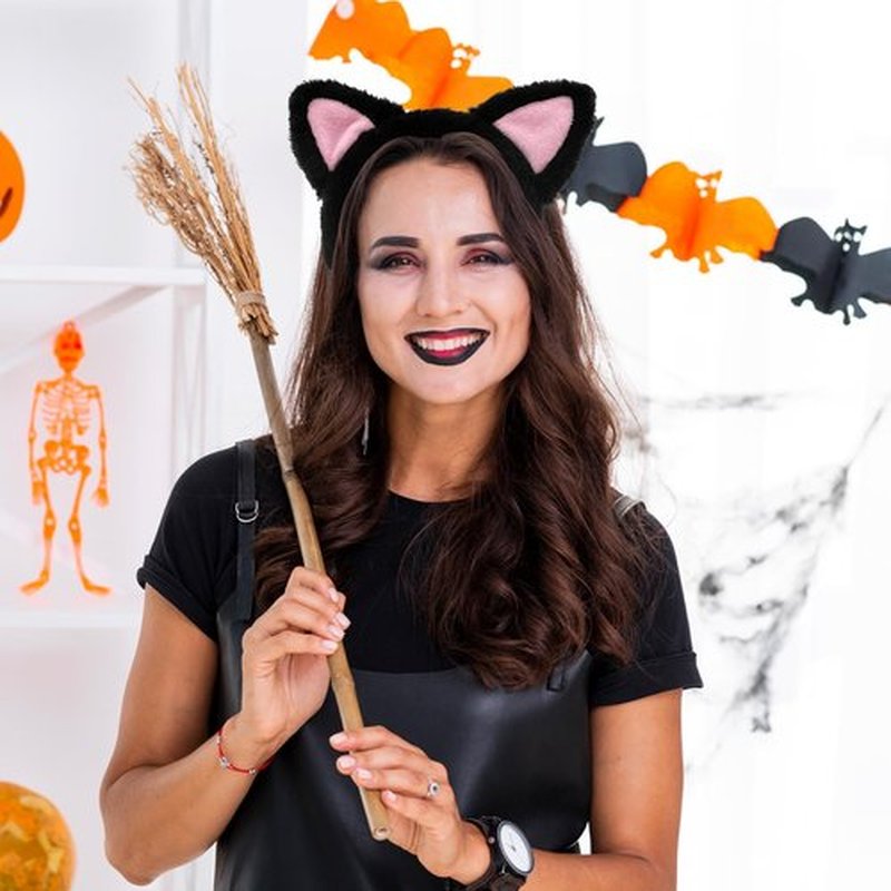 2-Pack Black and White Cat Ears Headbands - Pink Inner Ears, Fuzzy Kitten Headwear, Hair Accessories for Adults Kids, Spa, Skin Care, Plush Makeup, Halloween, Cosplay, and Animal-Themed Party Supplies