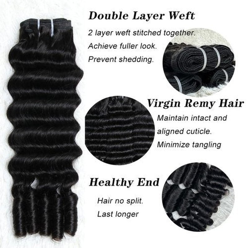 SWEETGIRL Deep Wave Human Hair Bundles Burmese Curly Bundles Human Hair Quick Weave with Spiral End Sew in Hair Extensions, Real Virgin Remy Hair, 16 18 20 Inches, Natural Color