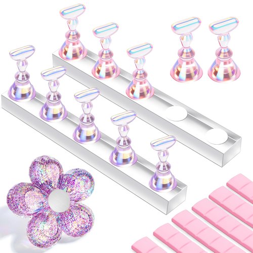 Makartt Nail Stand: Nail Holder for Painting Nails DIY, Magnetic Press on Stand Pink and Purple for Art Display Practice, Purple Glitter Flower Fake Holder for Home Salon with Reusable Adhesive Putty