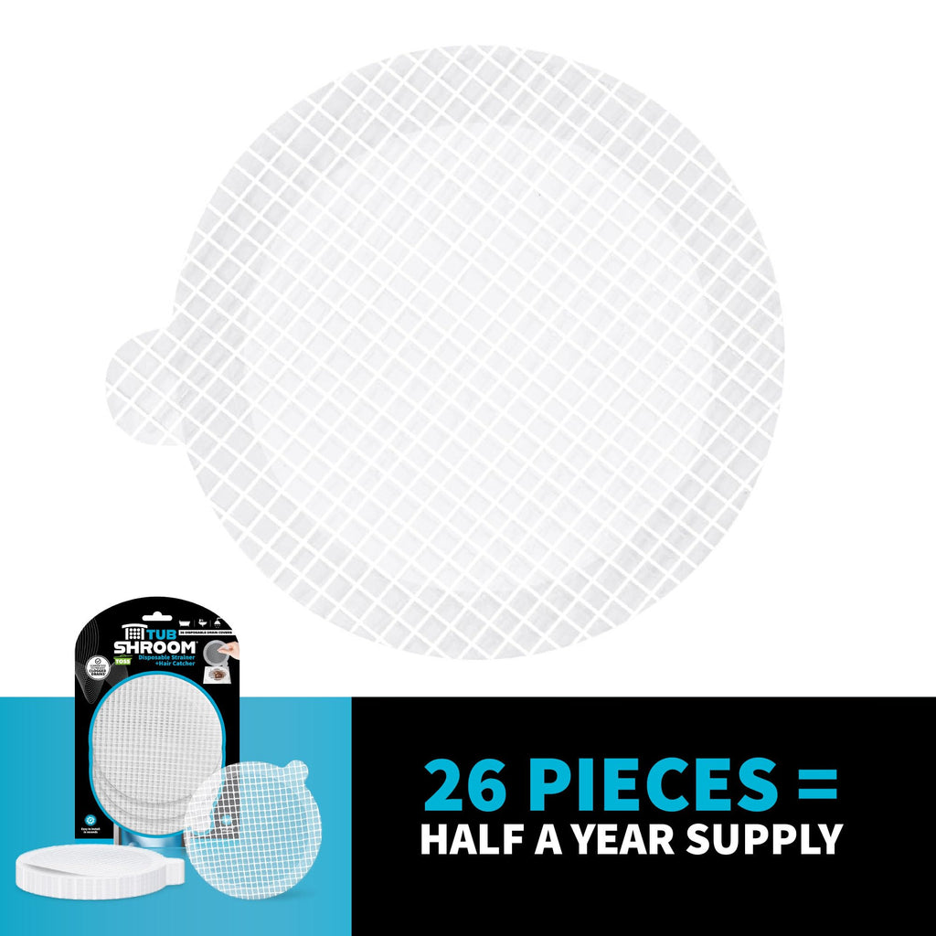 TubShroom Toss 26pk Disposable Drain Covers - Hair Catcher Mesh Sticker Strainers for Shower Bathtub and Bathroom Sink Drains to Prevent Clogged Drains, Half Year Supply