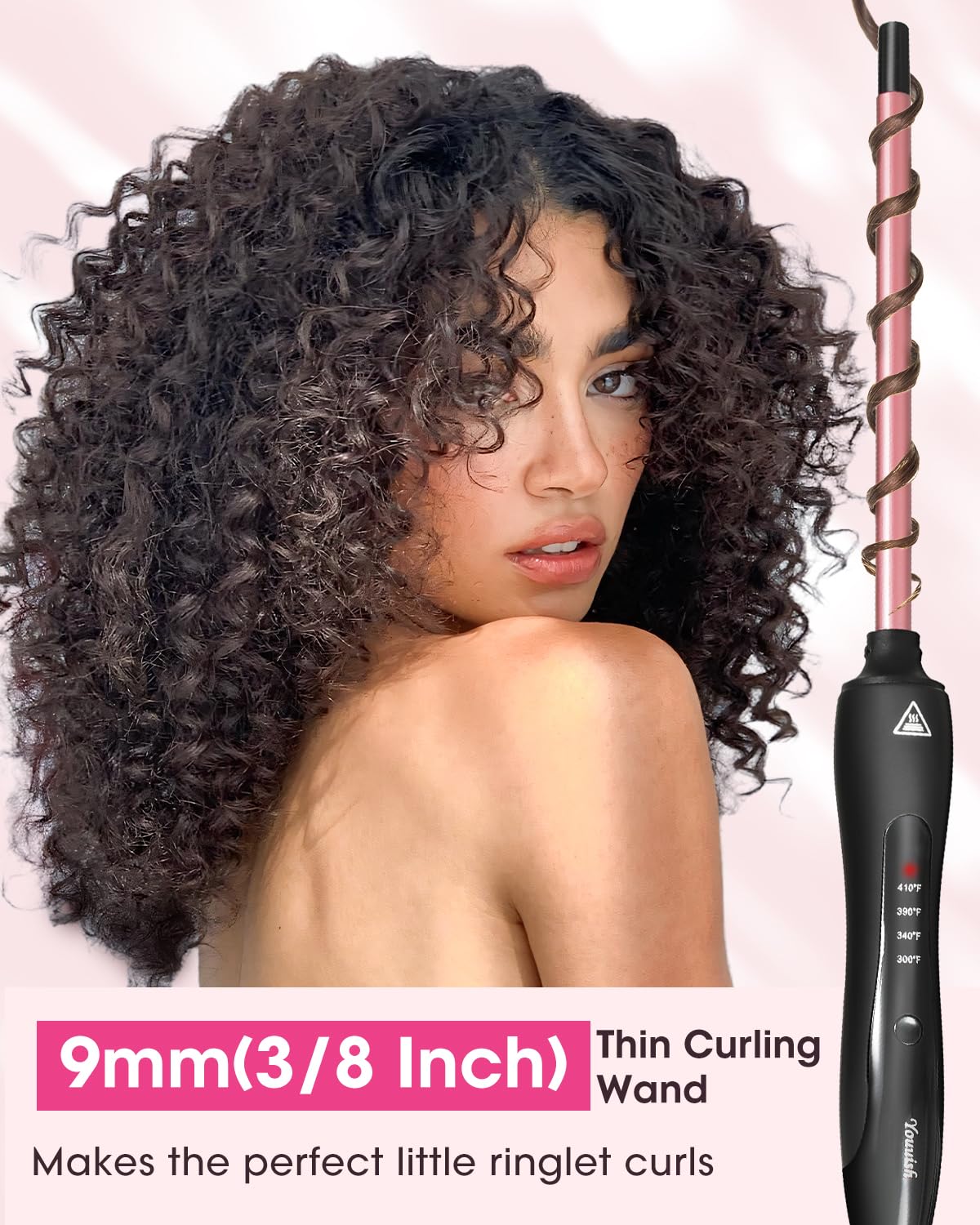 Youuish 3/8 Inch Small Curling Iron, 9mm Tiny Curling Wand for Long & Short Hair, Ceramic Small Barrel Curling Iron with Adjustable Temperature, Include Heat Resistant Glove and Claw Clip (Rose Pink)