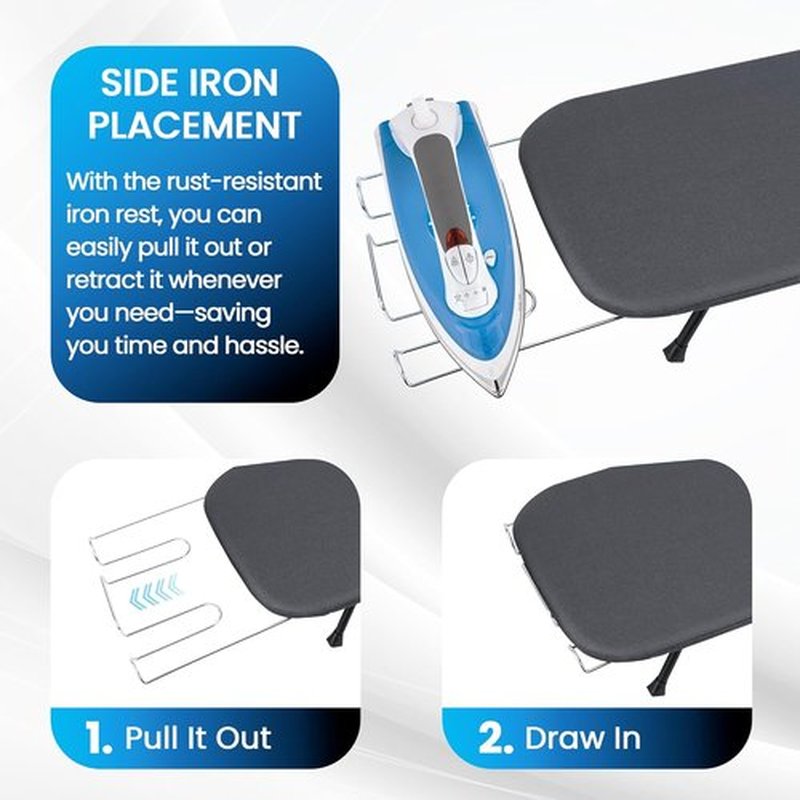 Regine Switzerland Metal Mesh Panel Ironing Board - Foldable Heavy-Duty Design with Heat-Resistant Cover & 100% Cotton 8mm Thick Pad (Grey)