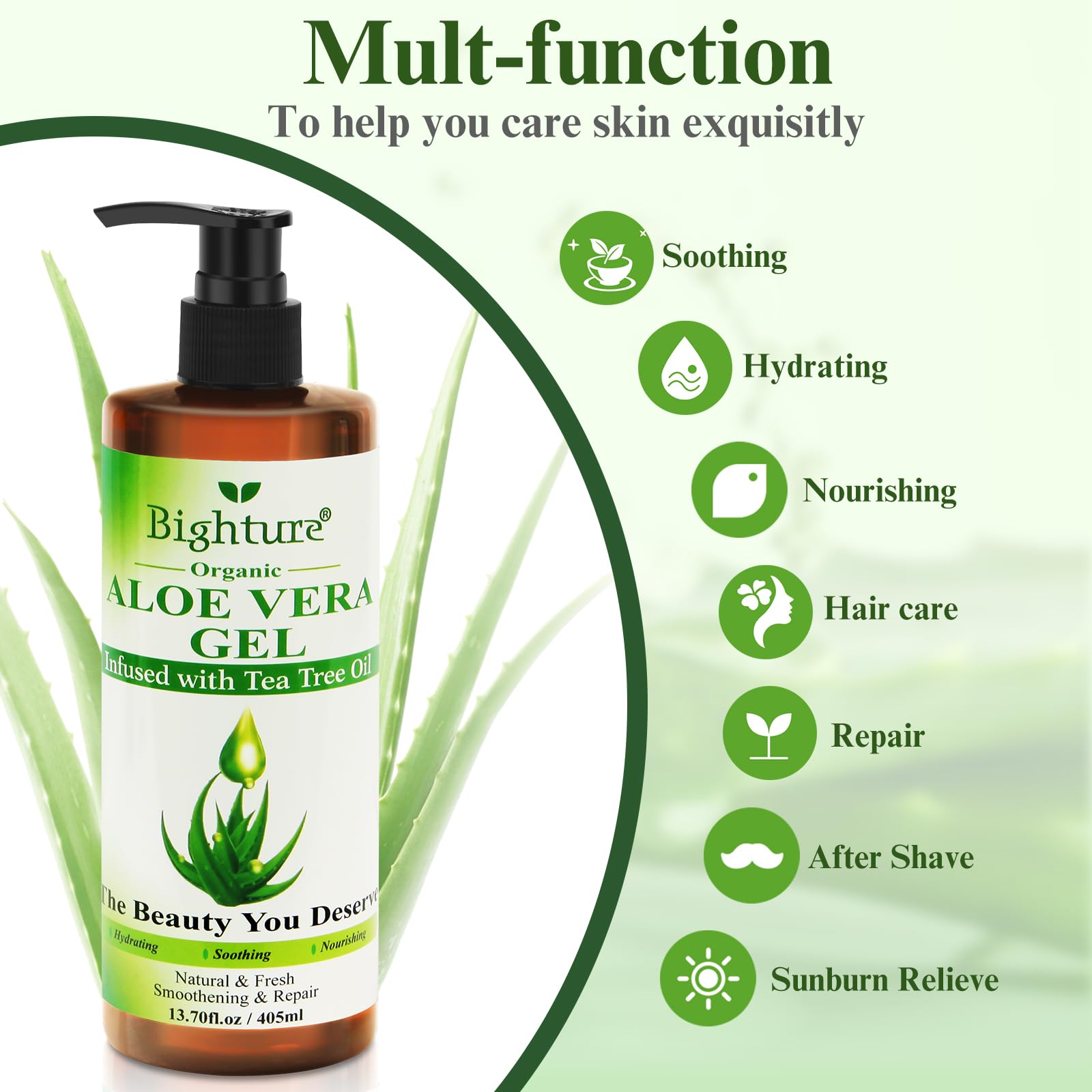 BIGHTURE Aloe Vera Gel with Tea Tree Oil for Face, Skin, Hair, Sunburn relief, Aloe Vera Gel from Freshly cut 100% Pure Aloe,13.7oz