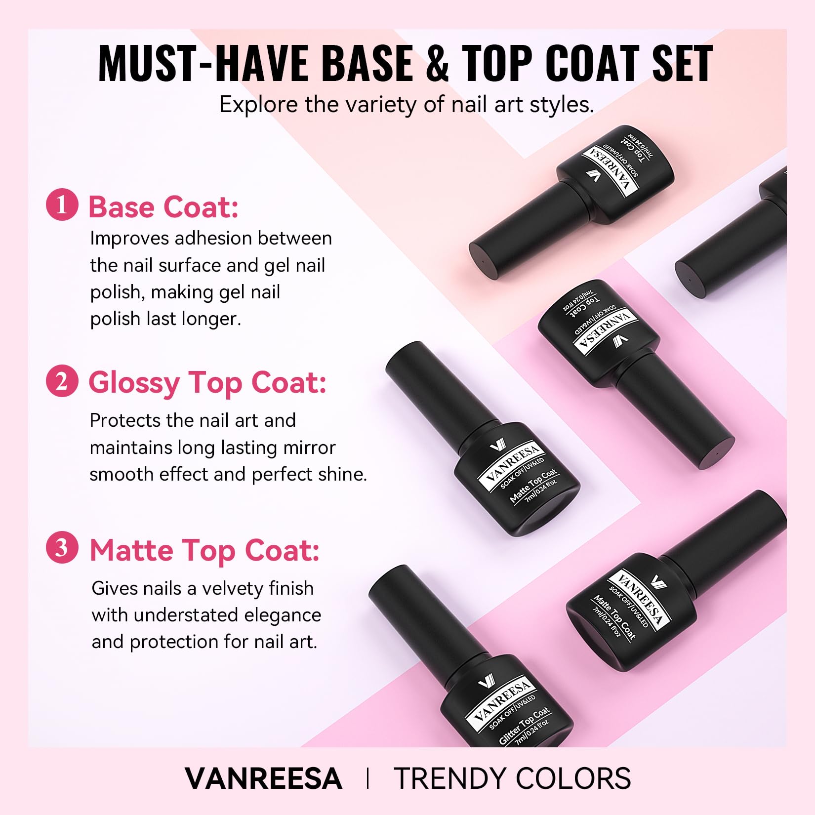 VANREESA 24 Pcs Gel Nail Polish Set, 21 Colors Gel Polish with Base Coat Glossy & Matte Top Coat Pink Red Orange Yellow Green Blue Purple brown Gel Polish Kit Nail Kit Gifts for Women