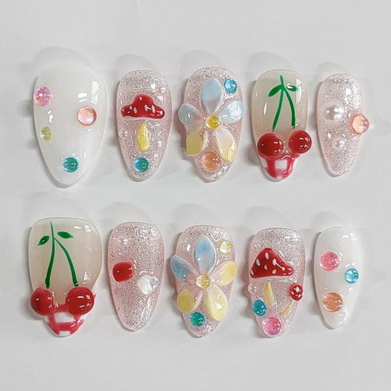 Handmade Press on Nails Almond Medium 3D Floral French Tip Thick Acrylic Fake Nails False Nails with Flower Mushroom Glitter Cherry Designs Cute Sturdy Nail Kawaii Art Press on Nails 10Pcs(M)