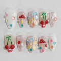 Handmade Press on Nails Almond Medium 3D Floral French Tip Thick Acrylic Fake Nails False Nails with Flower Mushroom Glitter Cherry Designs Cute Sturdy Nail Kawaii Art Press on Nails 10Pcs(M)