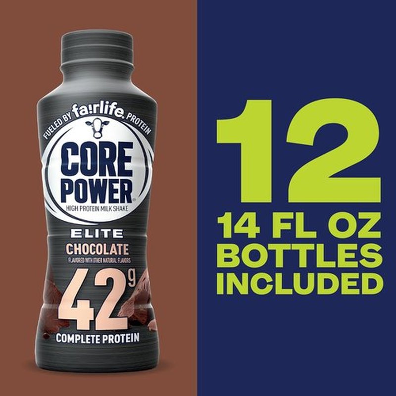 Core Power Elite High Protein Shake - Chocolate Flavor, 42g Protein, 14oz Bottle, 12 Pack
