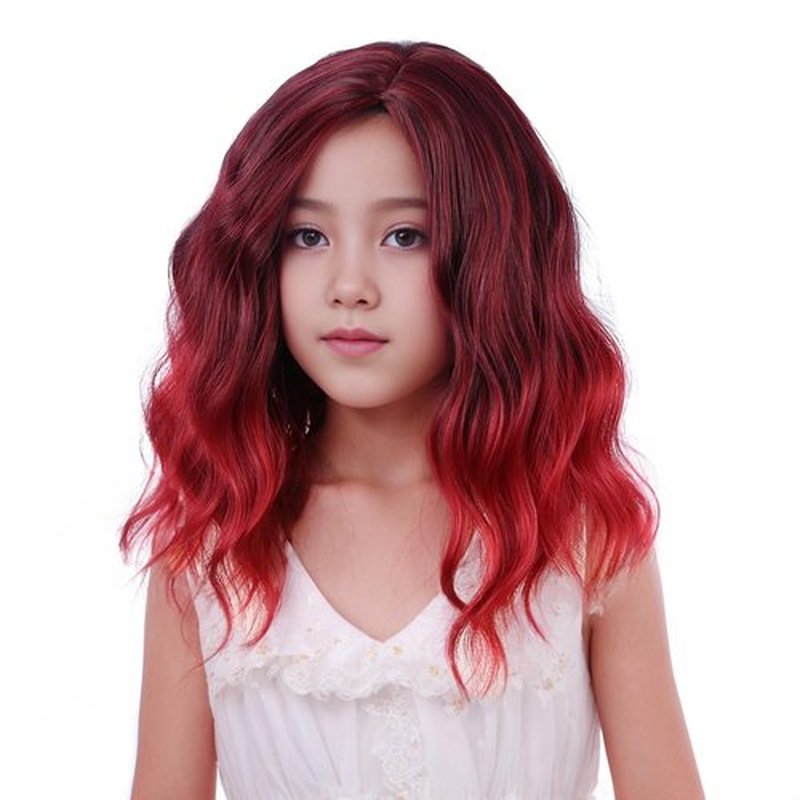 Edivd Kids Red Ombre Wig Short Wine Red Wavy Curly Wig for Girls Side Part Wigs for Children Heat Resistant Synthetic Wigs with Cap