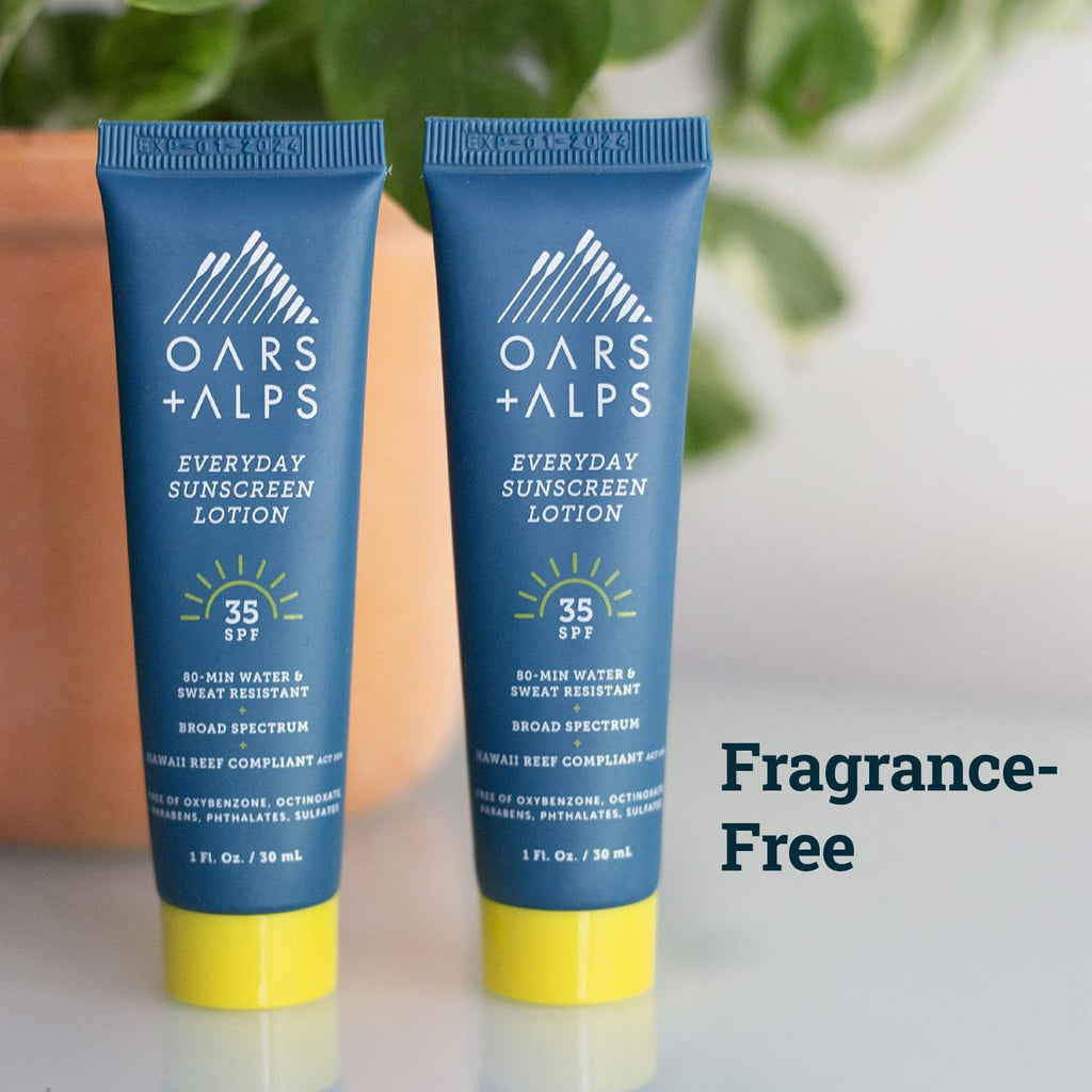 Oars + Alps Travel Sunscreen Body Lotion for Everday Use, SPF 35 Body & Face Sunscreen Lotion, Infused with Aloe & Vitamin E, No Residue, Water & Sweat Resistant, All Skin Types, Lightweight, 1oz, 5pk