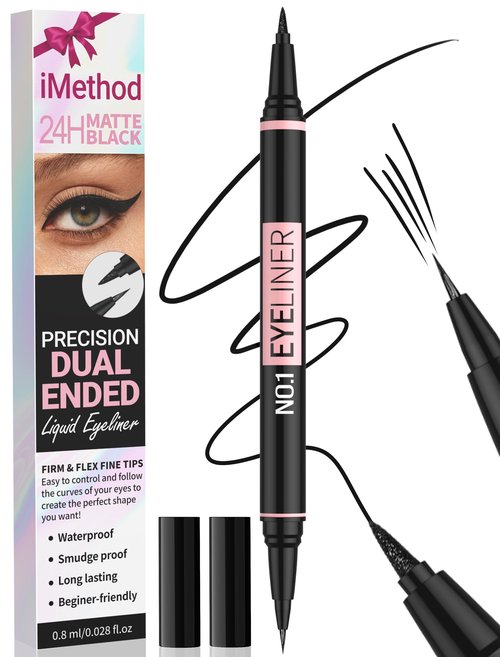 iMethod Liquid Eyeliner - Waterproof Eyeliner 2-in-1 Dual-Ended Eye Liner with Precise Brush-Tip and Thick Tip, Black Liquid Liner Pen, Matte Finish, Long Lasting, Smudge-proof, Transfer-proof, Black