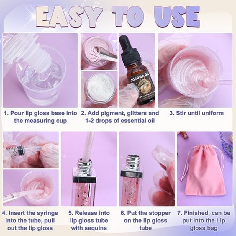 TSVATE Lip Gloss Making Kit, 58PCS DIY Lip Gloss Kit, Lipgloss Making Kit for Women, Beginner, Girls, Moisturizing Lipgloss Base Moist, Double-Ended Tubes, Jojoba Oil, Tween Girls Gift Trendy Stuff