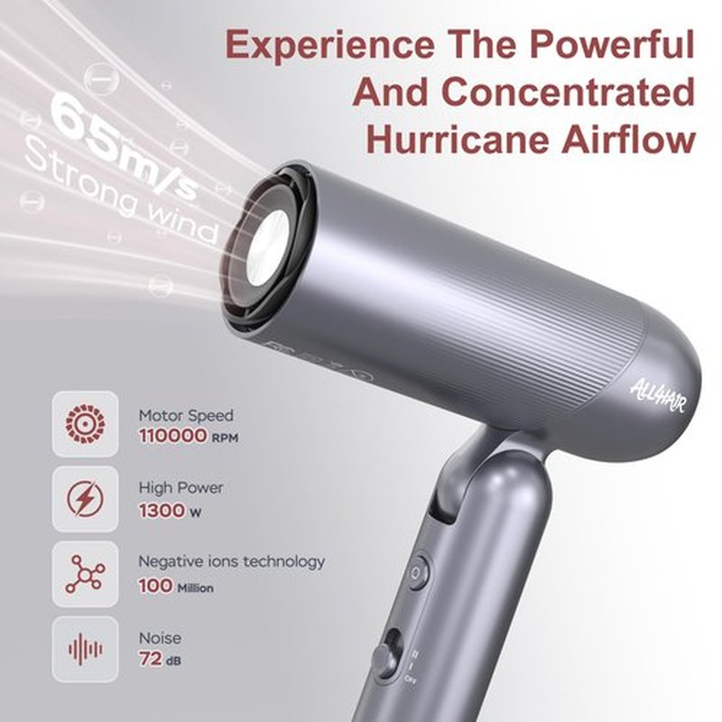 ALL4HA1R Professional Ionic Hair Dryer, 1300W High-Speed Blow Dryer Fast Drying Low Noise with 4 Heat Settings Lightweight Travel Hair Dryer with Concentrator Nozzle for Home Salon Women Men
