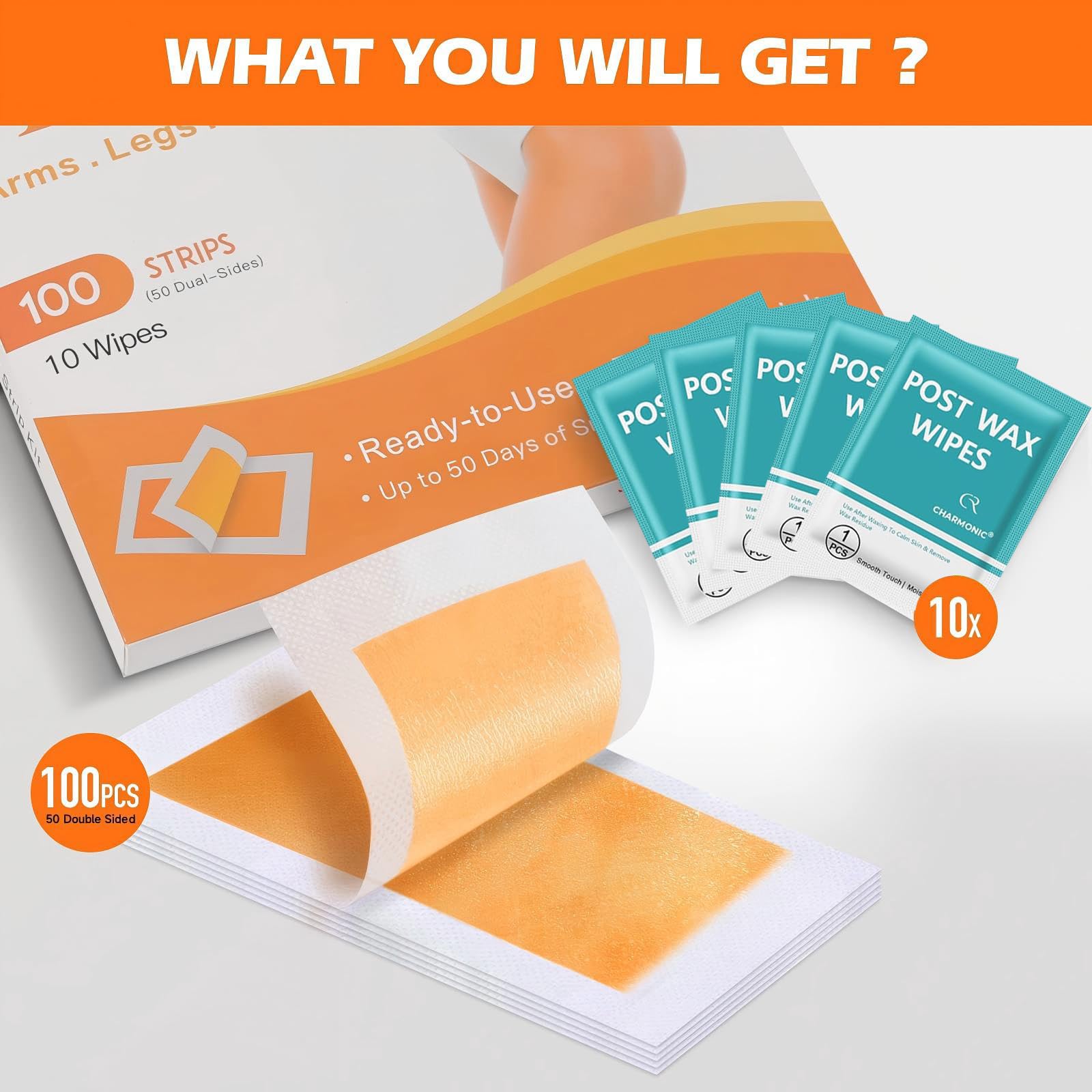 Charmonic Wax Strips 100 Count, Hair Removal Waxing Strips, Hair Remover Waxing Kit for Body & Face, At Home Waxing Kit for Eyebrow Leg Facial Bikini Hair Removal for Women