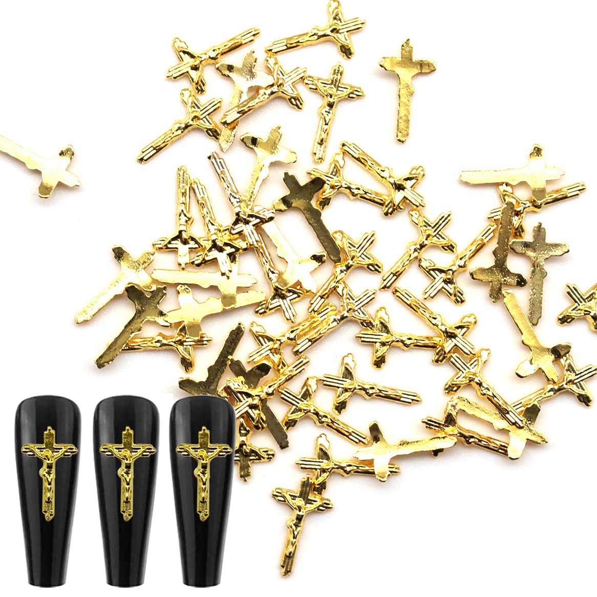 WOKOTO 100pcs 3D Gold Crucifix Nail Charms For Nail Art 3d Cross Nail Charms Metal Gold Nail Charms Metal Decorations For Nail Art DIY Accessories For Women Nails Nail Jewels For Acrylic Nails