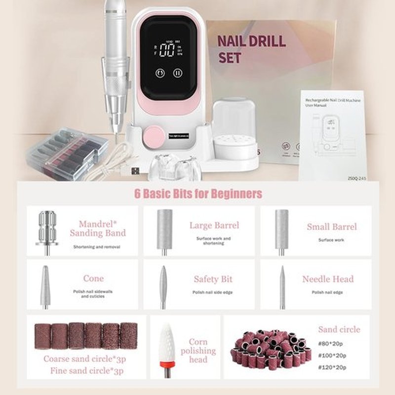 Portable Electric Nail Drill, 35000 RPM Professional Electric Nail File, Cordless Nail Drill with Bits & Base (White & Pink)