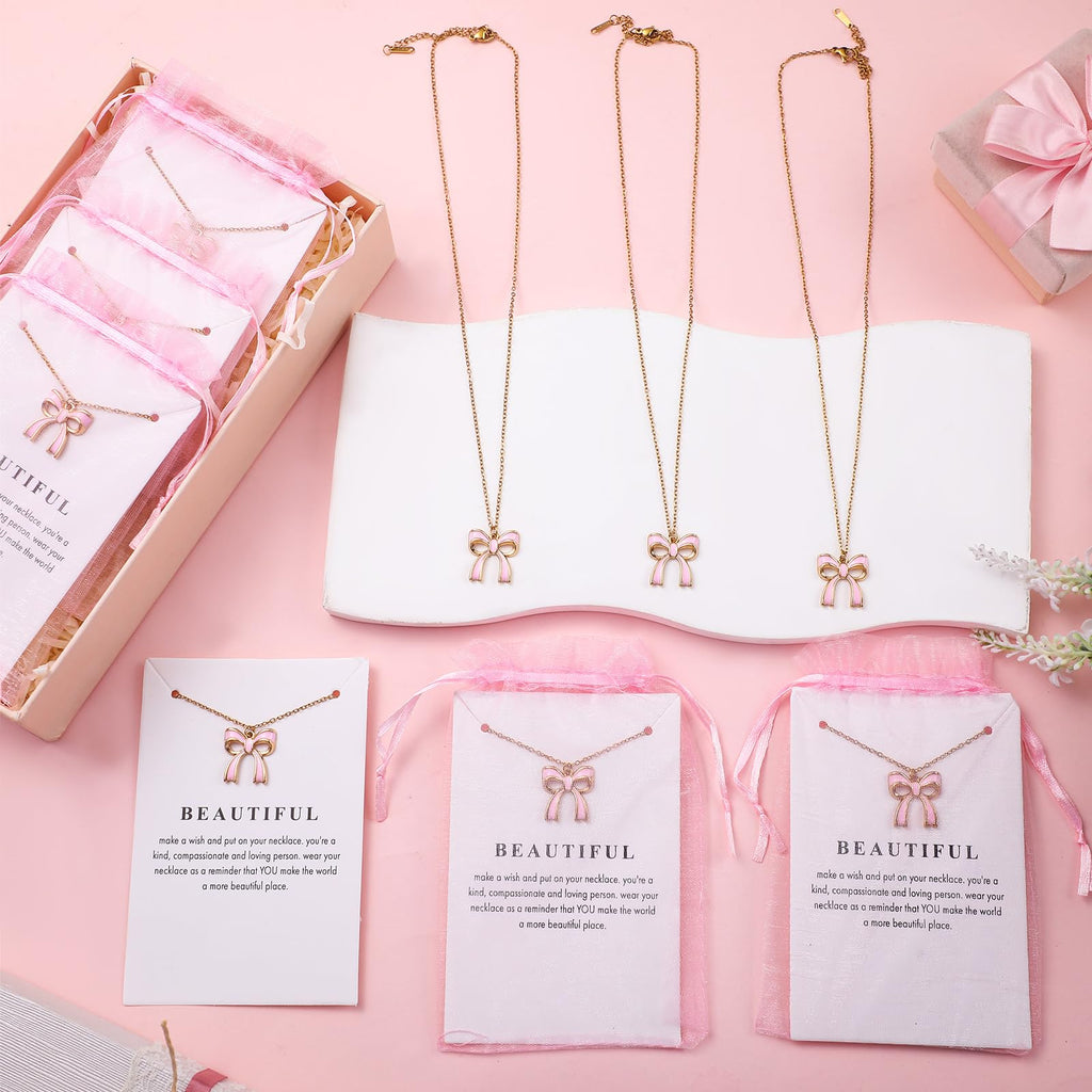 Tondiamo 12 Set Coquette Pink Bow Party Favors Bow Necklace for Women Coquette Bowknot Jewelry Bulk Ribbon Pendant Necklace Gift for Birthday Baby Shower