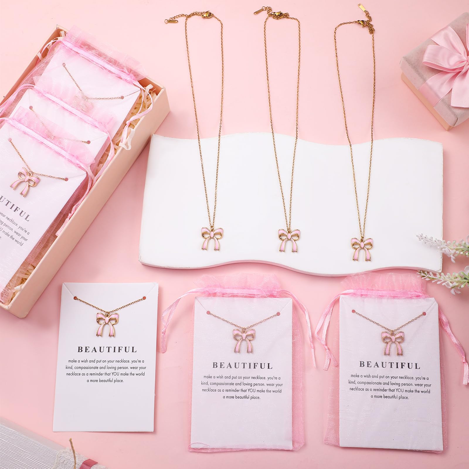 Tondiamo 12 Set Coquette Pink Bow Party Favors Bow Necklace for Women Coquette Bowknot Jewelry Bulk Ribbon Pendant Necklace Gift for Birthday Baby Shower