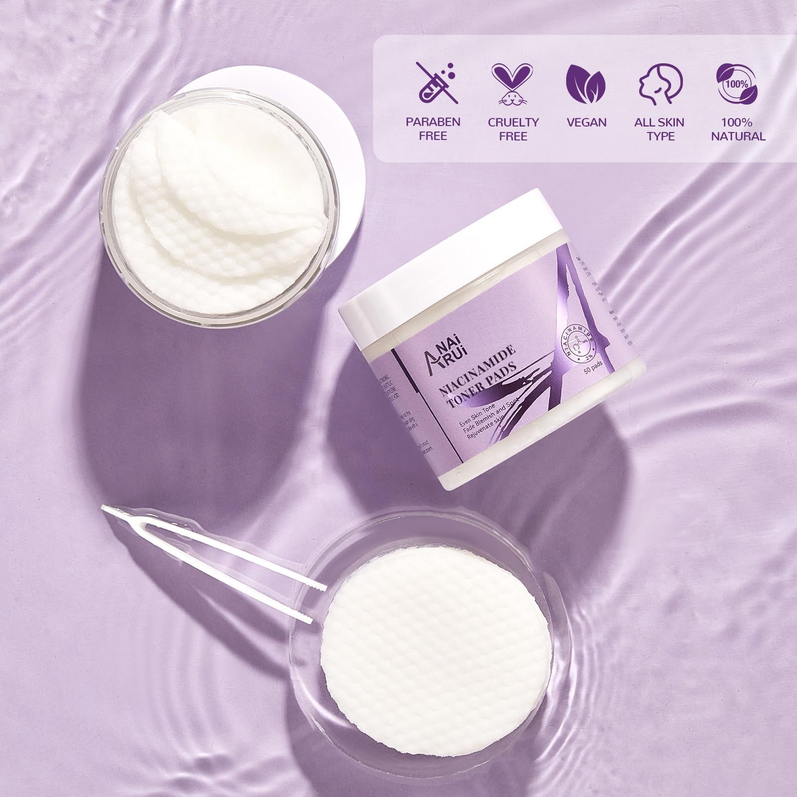 ANAI RUI Niacinamide Toner Pads,with Glutathione, Niacinamide, LHA, PHA, Facial Radiance Wipes for Even Skin Tone, Reduce Blemish and Spots 50 Pads