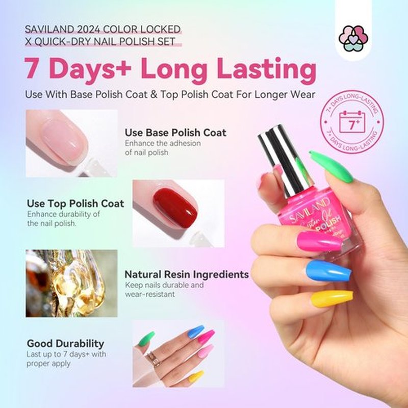 SAVILAND Quick Dry Nail Polish Set: 14 Pcs Neon Summer Nail Polish Fast Dry Hot Pink Red Glitter Nail Polish Regular Fingernail Polish Non Gel with Base-Top Polish for Manicure Nail Art
