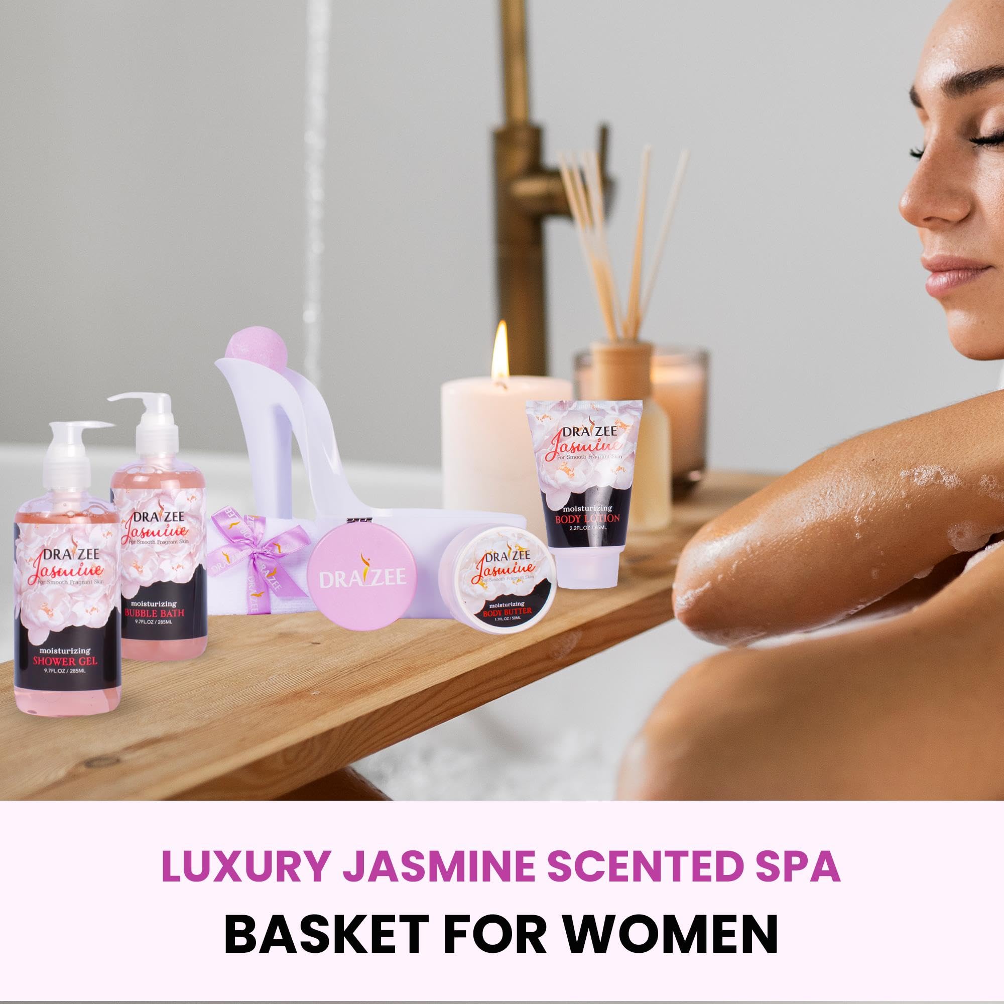 Mother’s Day Gift Baskets for Women, 8 Pc Jasmine Scented Spa Gift Set, Heel Shoe Bath Basket, Luxury Bath and Body Set, Self Care Kit for Mom, Home Spa Gift for Her by Draizee