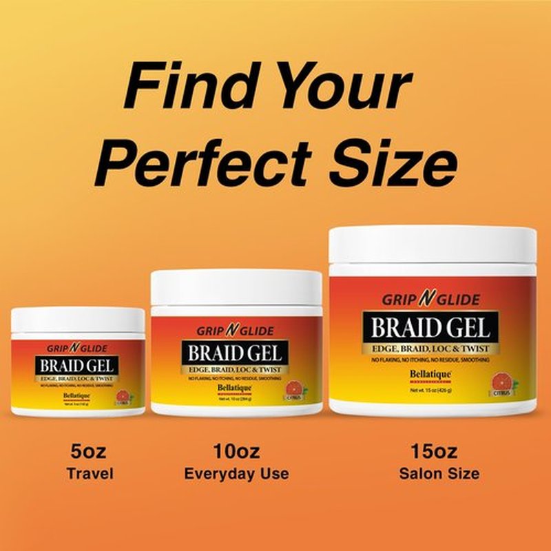 BELLATIQUE GRIP N GLIDE Braiding Gel Maximum Hold for LOC & Twist - No Flaking, No Whitening, Fast Drying, High Shine, Cool & Refreshing, Long Lasting Hold (5 oz)