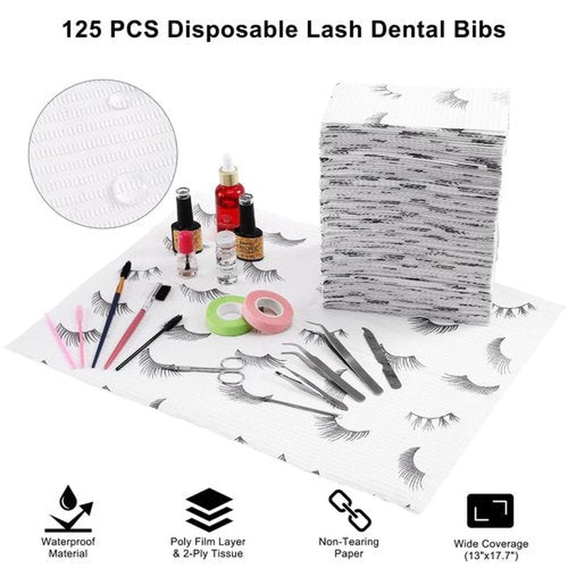 PRASNE Lashing Dental Bibs Disposable Pack of 125, Lash Pillow Cover of Lash Supplies, White 3-Ply Paper Poly Waterproof Towels, 13” x 18”, Black Eyelash Printed