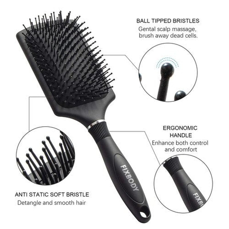 FIXBODY Paddle Brush - Smoothing Detangling Brush for Long Thick Hair, Wet & Dry Use - Black Matte