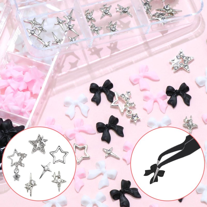 YAEISM Bow Nail Charms Kit, 3 Colors Resin Bows, 6 Types Star Charms, Shiny Rhinestones with Glue Gel, Tweezer and Pickup Pencil for Nail Art and DIY Crafts Decoration
