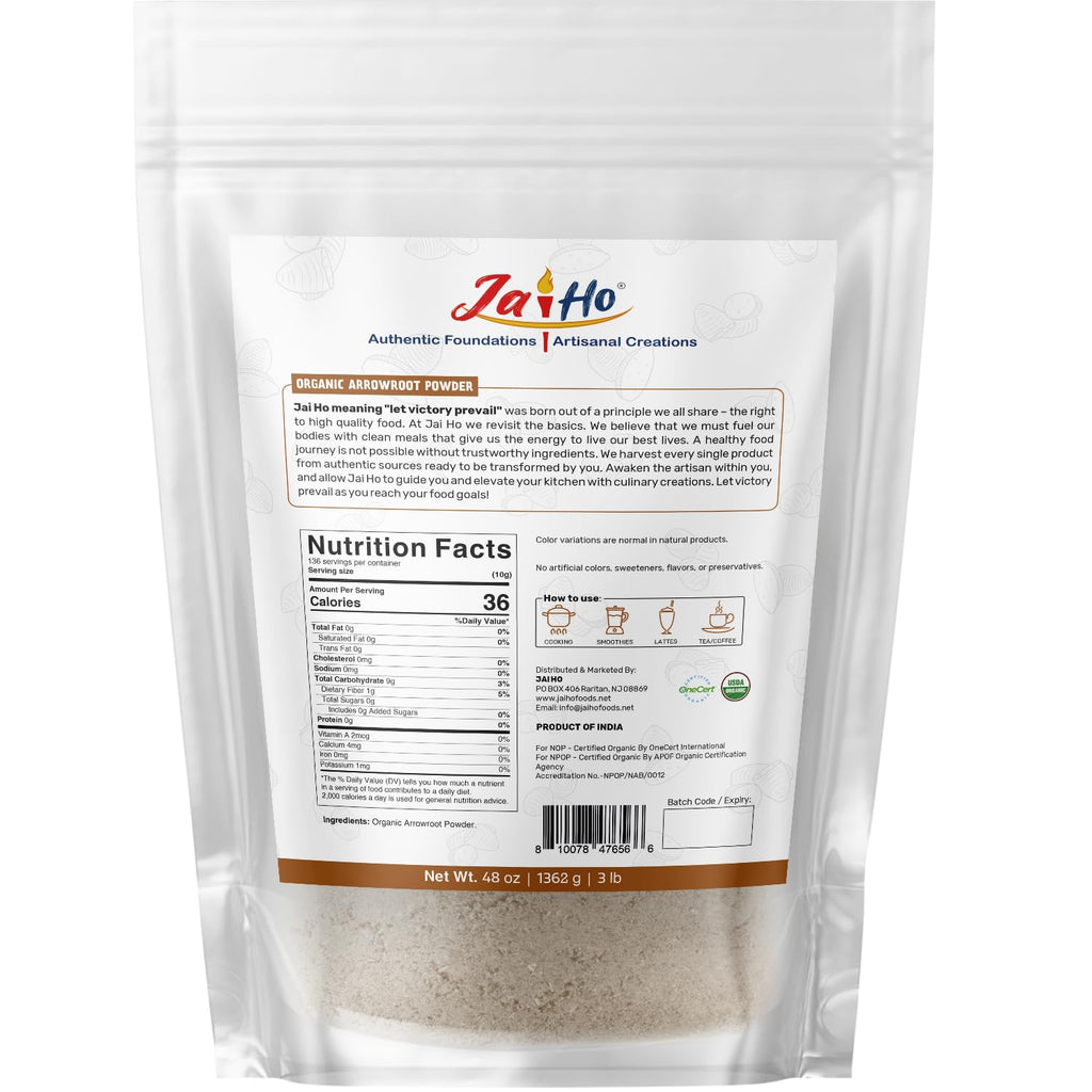 Jai Ho Certified USDA Organic Arrowroot Powder – 3 LB – Gluten-Free, Vegan, Non-GMO – Resealable Zip Lock Pouch