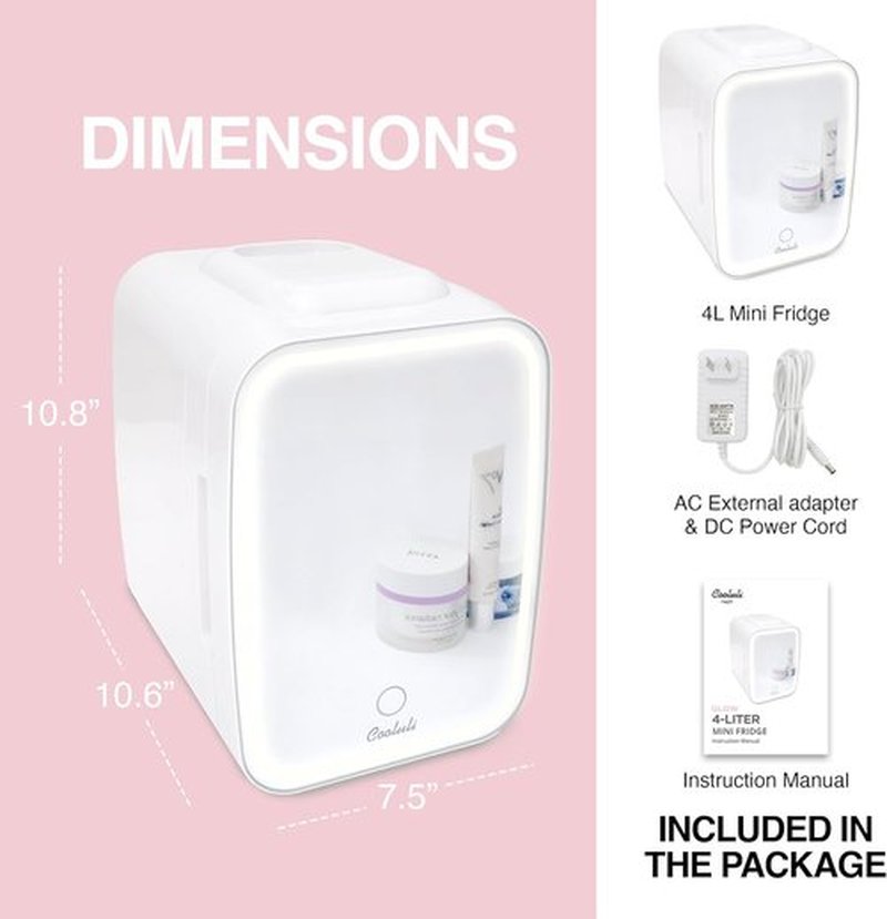 Cooluli Glow Mini Skincare Fridge - 4L with Mirror & LED Light for Beauty, Makeup, and Food - White
