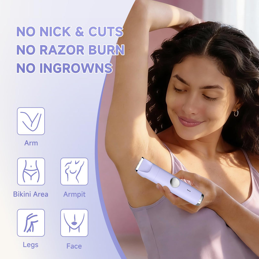 LIKEFUN Bikini Trimmer for Women, Electric Shaver for Leg Pubic Armpit Facial Hair Shaving, Waterproof Groomer,Hygiene Ceramic Blade (Purple Silver)