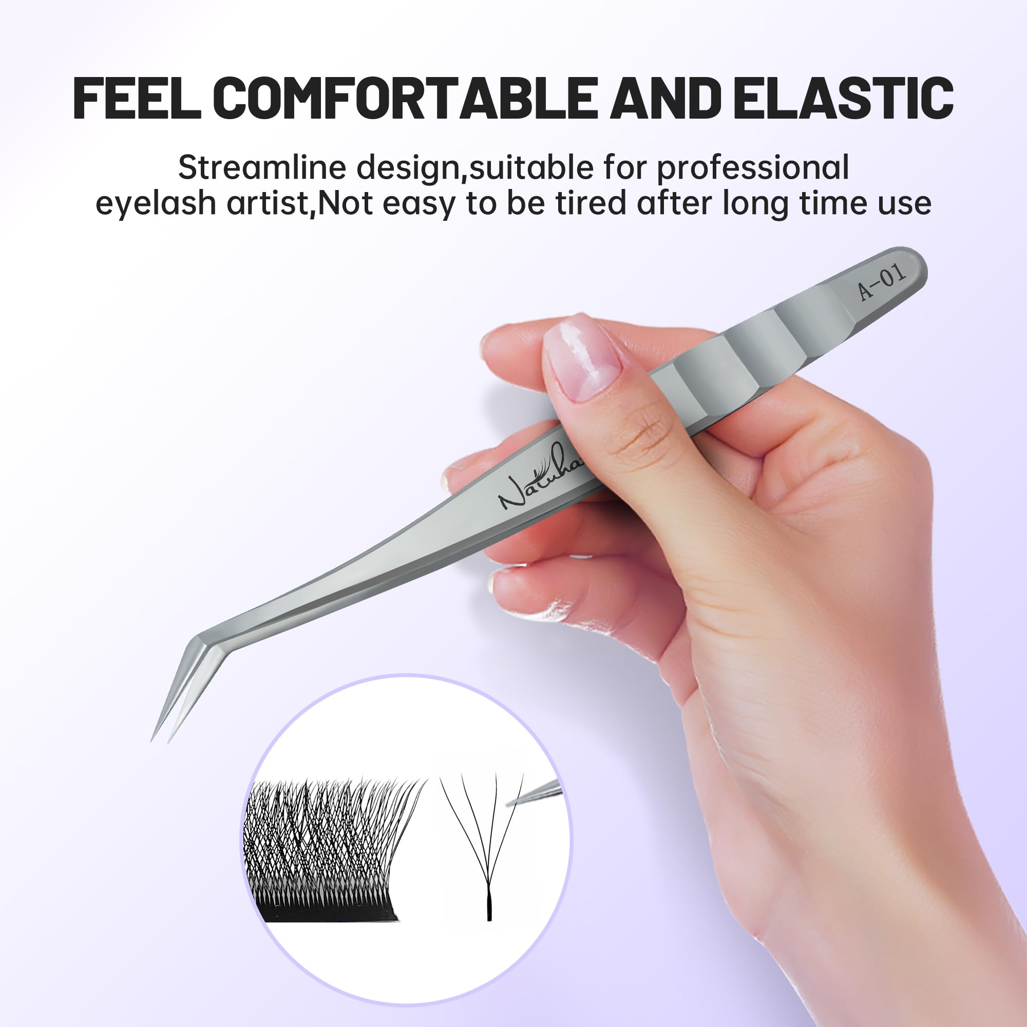 Natuhana High Precision Lash Tweezers for Individual and Volume Eyelash Extensions Pointed Premium Stainless Steel Curved Fiber Tip Professional Isolation Tweezer(Dolphin Tweezer A-02)