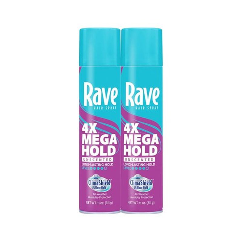 Rave 4X Mega Unscented Hairspray - 24-Hour Humidity-Resistant Hold - Vitamin-Enhanced Volume - 2 Pack