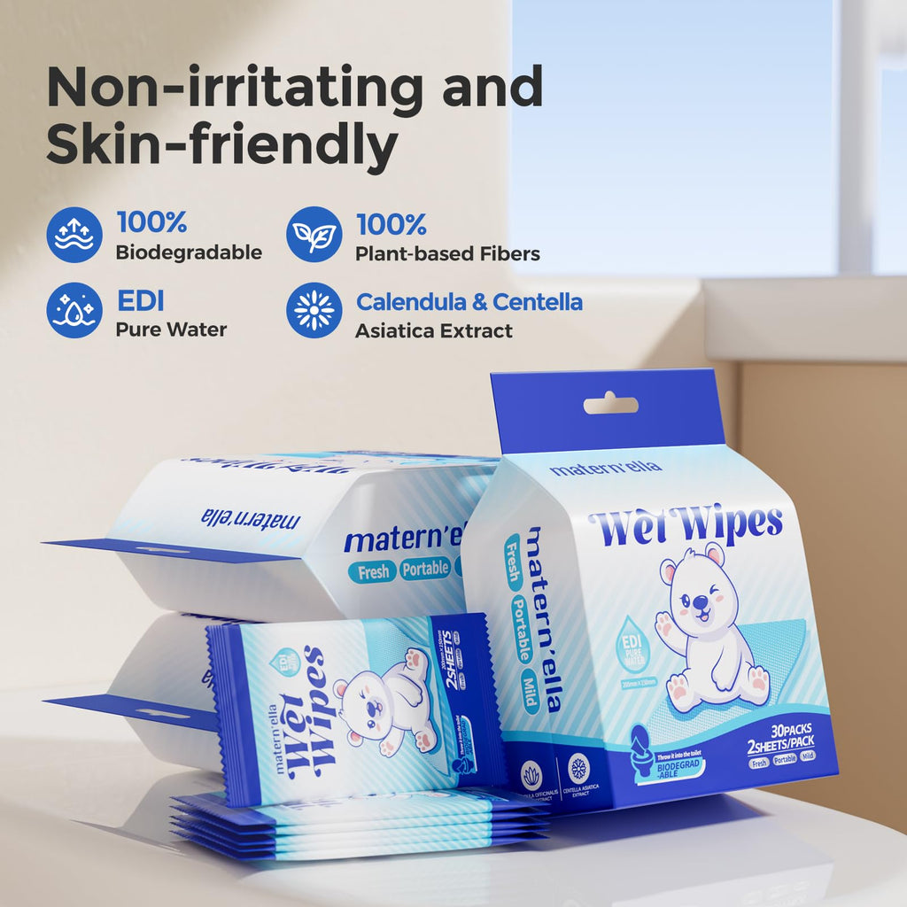 MATERN'ELLA Flushable Wipes Pocket for Sensitive Skin, Travel Essentials for Adults Kids, Calendula & Centella Asiatica Extract, individually Wrapped, Fragrance free 90 Packs Total 180 Wipes