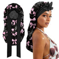 Cabreche Long Satin Hair Braid Bonnet for Sleeping Double Layer Soft Silk Lined Tie Band Wide Elastic Silky Nightcap for Women Girls Cute-Black Pink Bowknot
