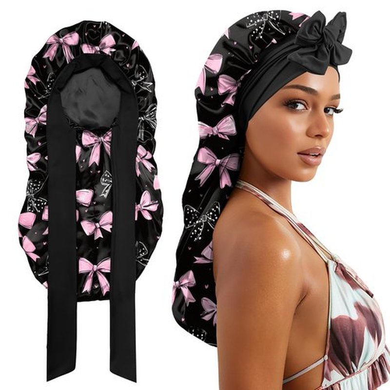 Cabreche Long Satin Hair Braid Bonnet for Sleeping Double Layer Soft Silk Lined Tie Band Wide Elastic Silky Nightcap for Women Girls Cute-Black Pink Bowknot