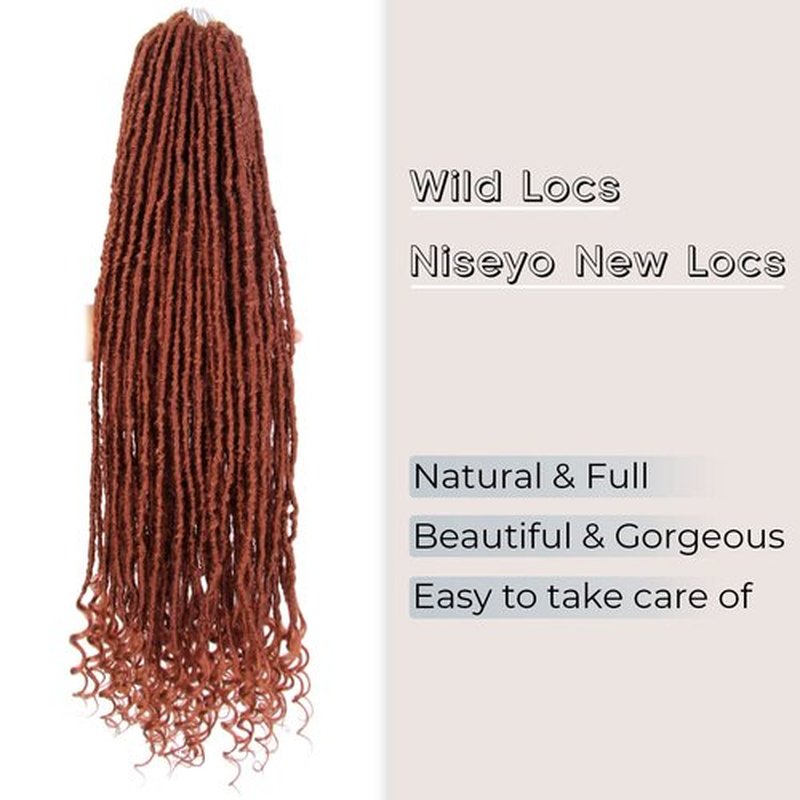 Niseyo Wild Locs 30 Inch Distressed New Faux Locs with Curly Ends 8 Packs Long Soft Pre-looped Goddess Crochet Hair (350#, Ginger Red)