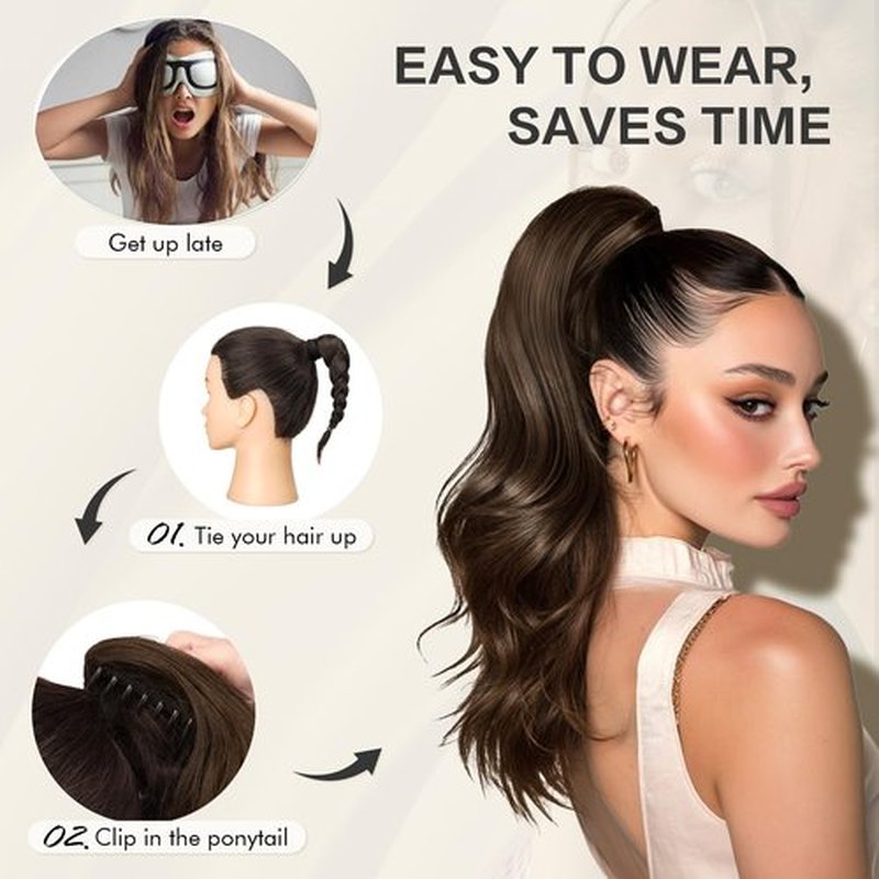 Sofeiyan Claw Clip Ponytail Extension 16 inch Curly Wavy Clip in Hairpiece Synthetic Fake Pony Tail Clip on Hair Extensions for Women Natural Looking Fluffy Hair Extensions for Daily Use - Dark Brown