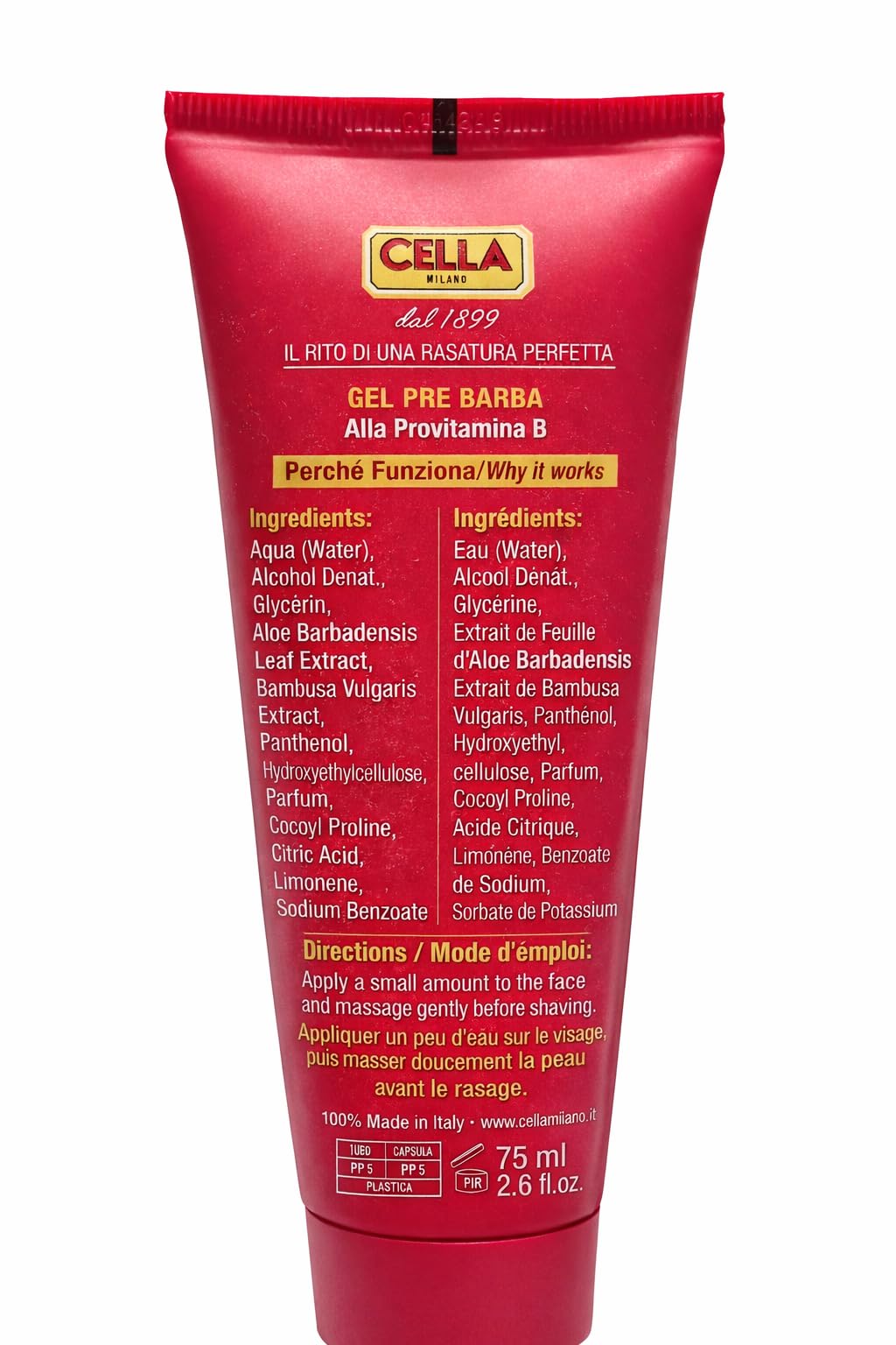 Cella Milano Conditioning Pre‑Shave Gel – Italian Skin‑Protecting Wet Shave Primer with Provitamin B & Panthenol, 2.6 oz, Glides Razor for Smooth, Irritation‑Free Shaving