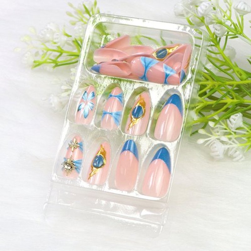 Fall Winter Press on Nails Almond Medium Fake Nails Blue Nails Press ons with 3D Pearl Flower Star Designs Glossy French Tip Acrylic Nails for Women 24Pcs