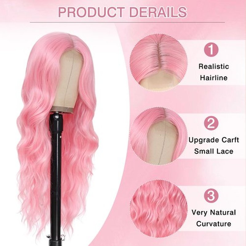 Angzon Long Pink Wavy Wig Middle Part for Women 26 Inch Light Pink Curly Wavy Wigs Natural Looking Synthetic Heat Resistant Fiber Wig for Daily Party Use